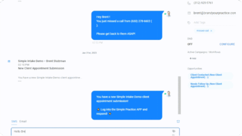 TheraSaaS unified messaging inbox screenshot