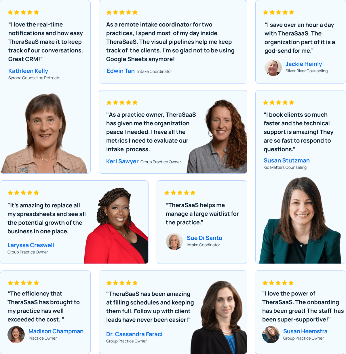 Five-star reviews from TheraSaaS users: Kathleen Kelly, Edwin Tan, Jackie Heinly, Keri Sawyer, Susan Stutzman, Laryssa Creswell, Sue Di Santo, Madison Champman, Dr. Cassandra Faraci and Susan Heemstra.